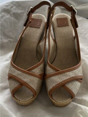 Tory Burch Tan Canvas Espadrille Wedge Slingback